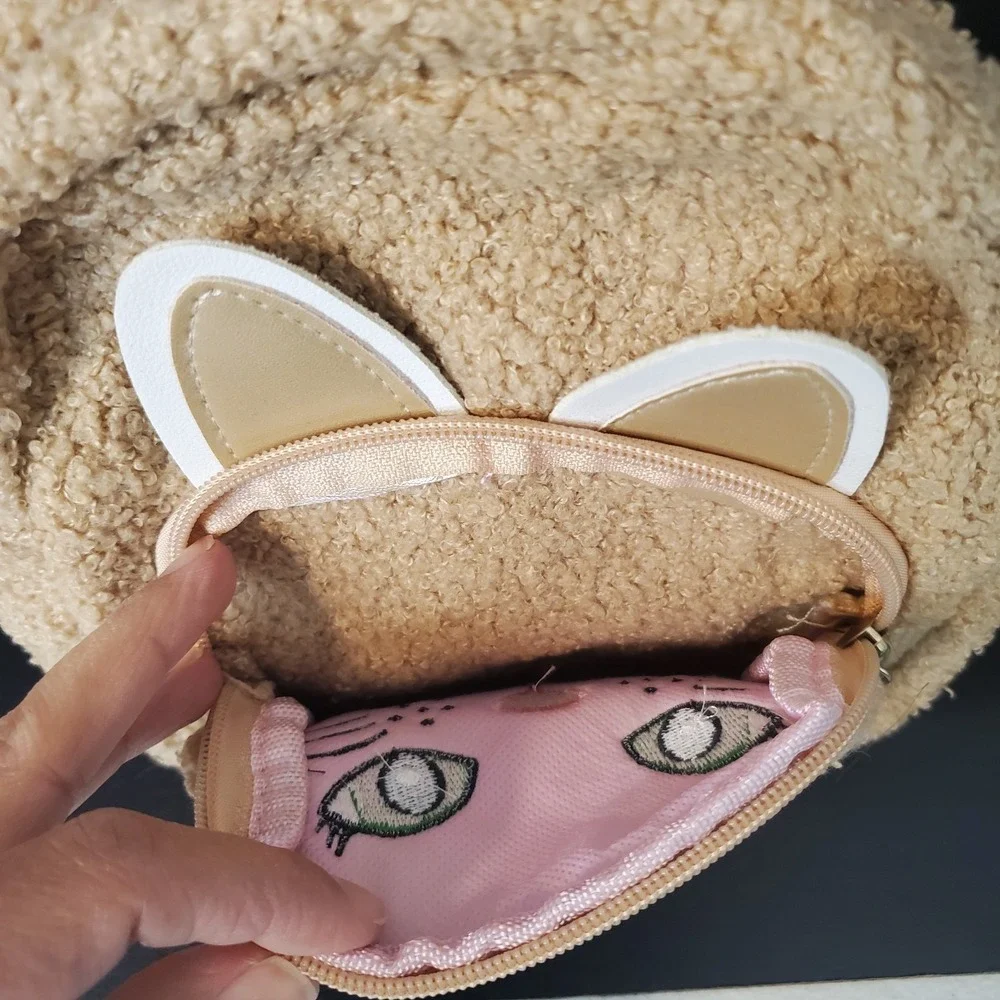 Small Brown Smiling Kitty Cat Mini Backpack Shaggy Kawaii Cute 8